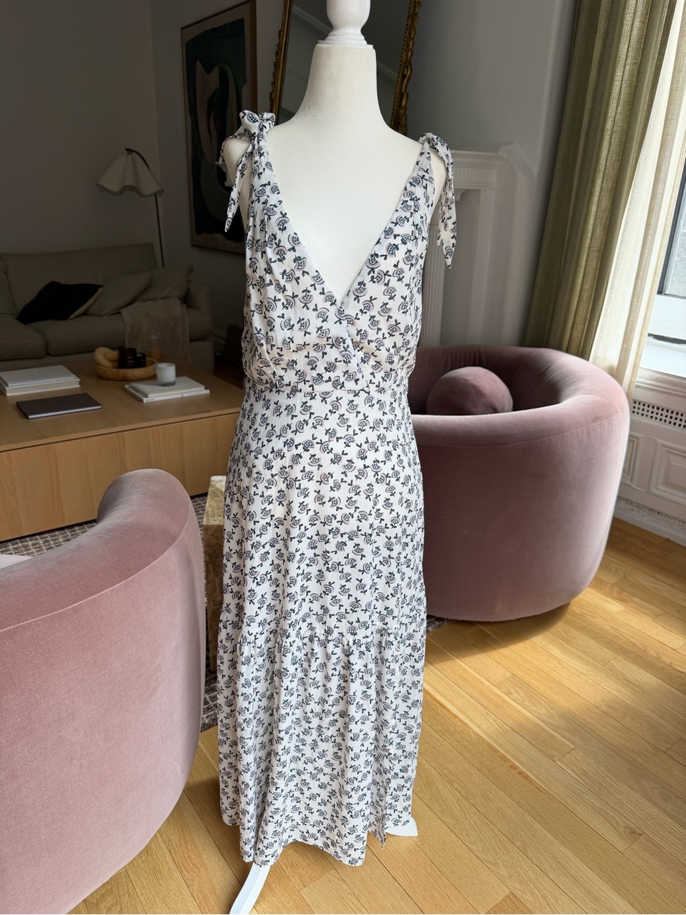 Aqua White Maxi Dress with Black Floral Print and Tie Straps
